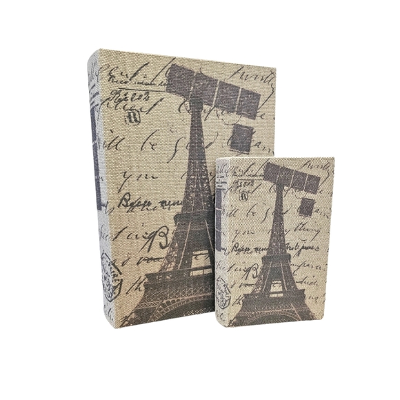 Burlap Paris Eiffel Tower Decorative Nesting Book Boxes - Picture 1 of 7